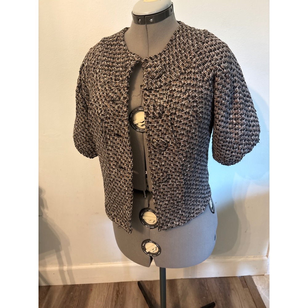 Marte Cropped Jacket Women Size M Brown Grey Excellent Puff Sleeve Basketweave